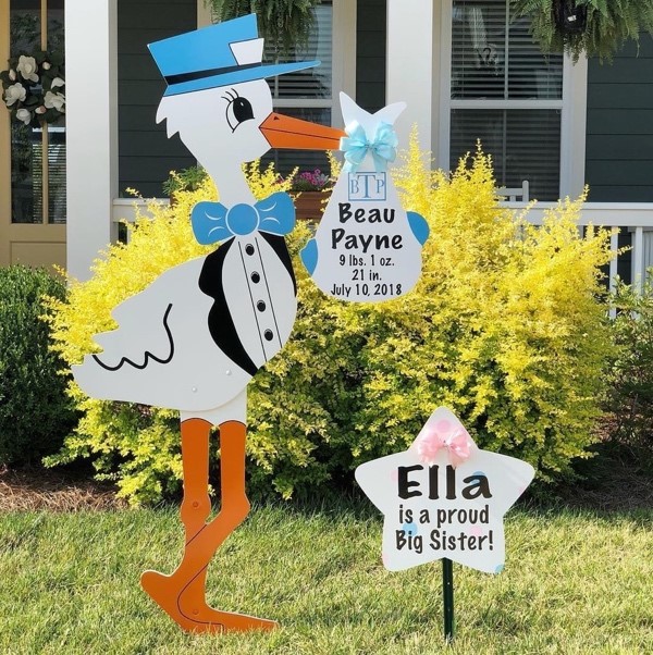 Blue Stork with Sibling Sign- Twin City Storks - Stork Sign Rental, Winston Salem, NC and surrounding areas
