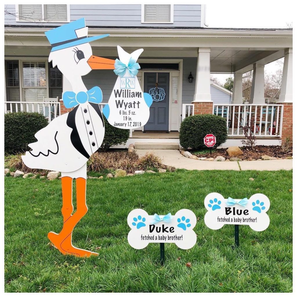 Blue Stork with Dog Bone Sign - Twin City Storks - Stork Sign Rental, Winston Salem, NC and surrounding areas