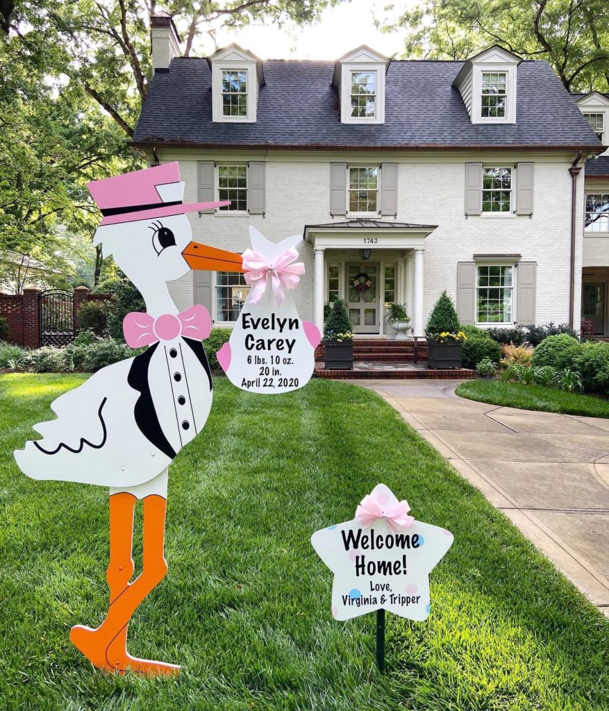 Pink Stork with Sibling Sign - Twin City Storks - Stork Sign Rental, Winston Salem, NC and surrounding areas